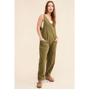 Free People High Roller Olive Green Boho Western Wear Denim Jumpsuit Overalls Lg